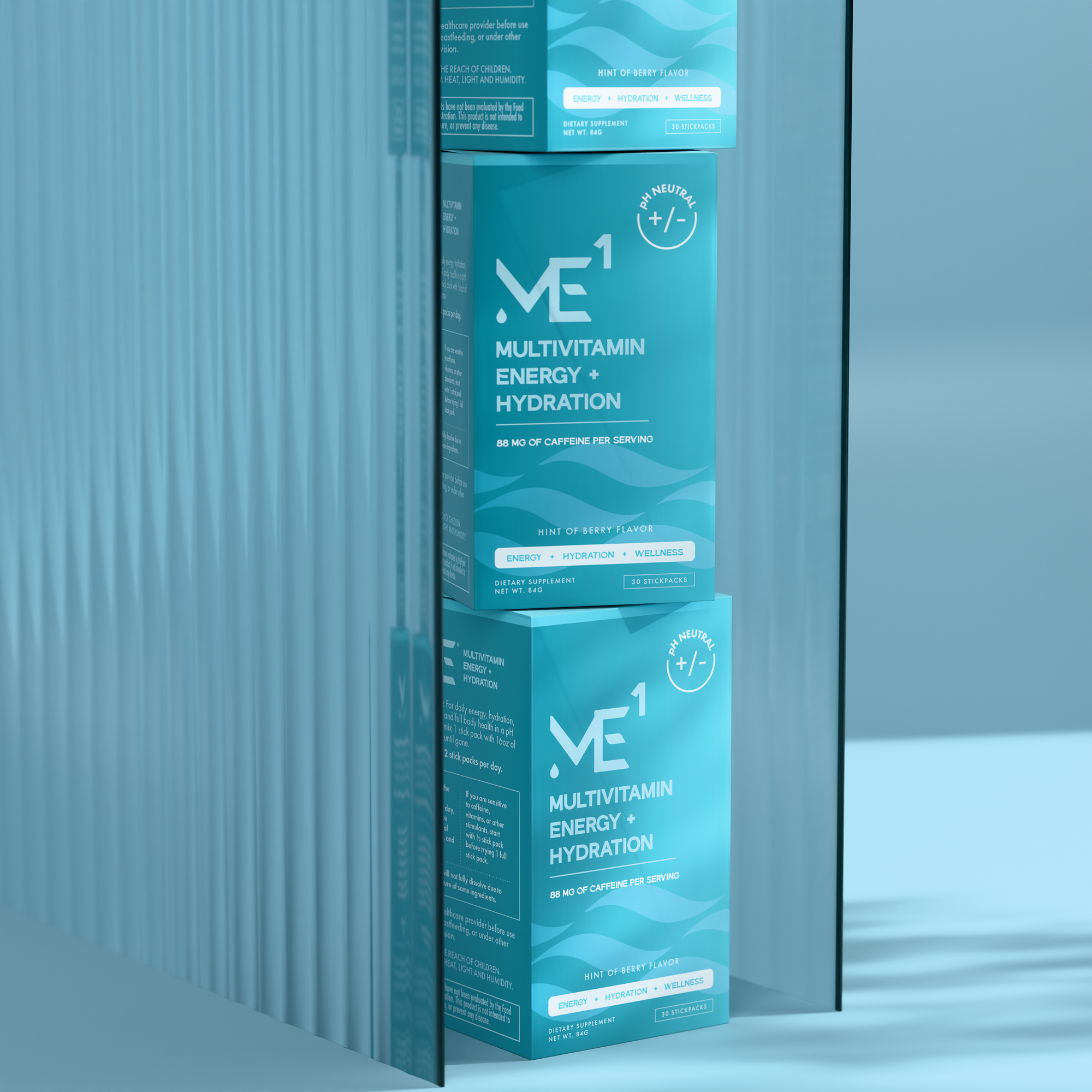 Two boxes of ME1 Multivitamin Energy Hydration supplement on a blue gradient background