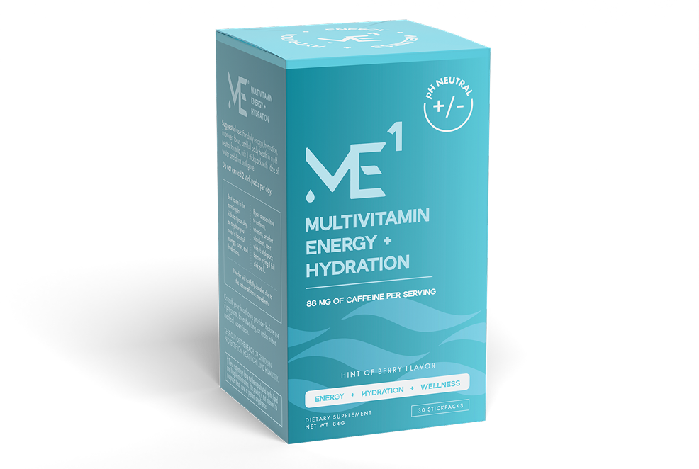Blue box of ME1 multivitamin energy hydration supplement on a white background
