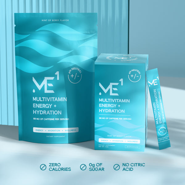 Multivitamin energy and hydration package with ME1 branding on a light blue background