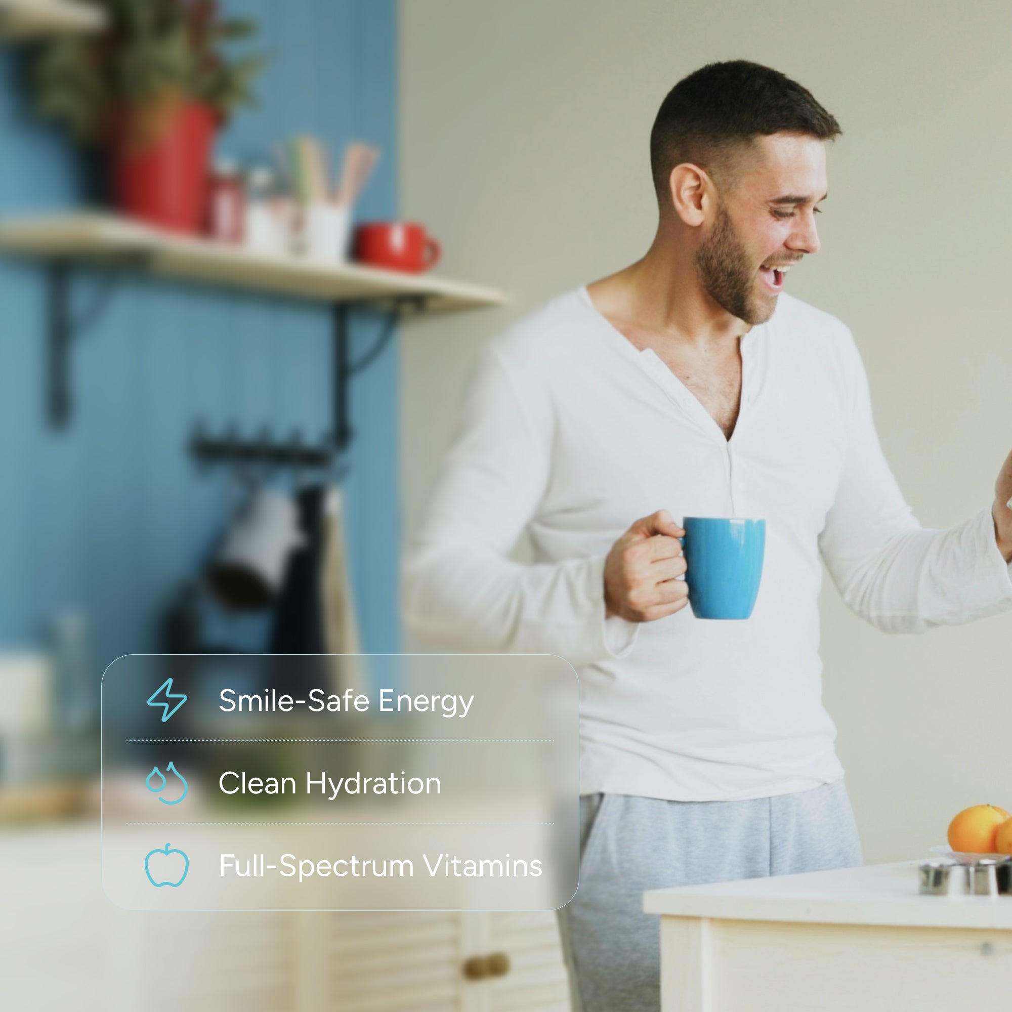 Man in a kitchen holding a blue mug with text overlay about health benefits.