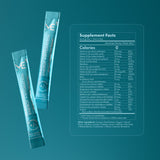 Two blue energy hydration packets with supplement facts on a teal background