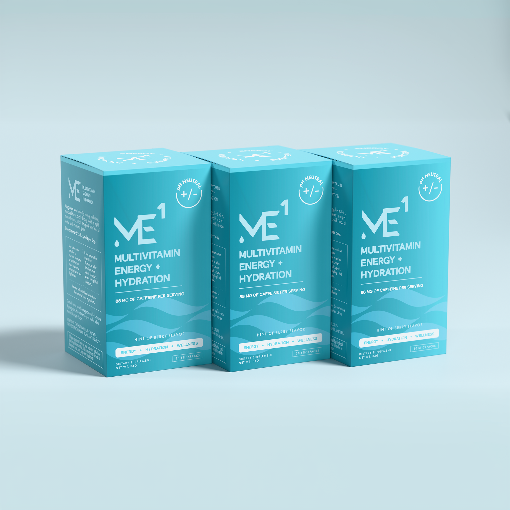 Three boxes of ME1 Multivitamin Energy Hydration on a light blue background